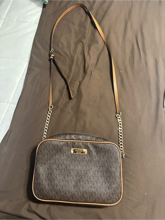Michael Kors Handbags - Michael Kors Dark Brown Logo Crossbody with Tan Trim